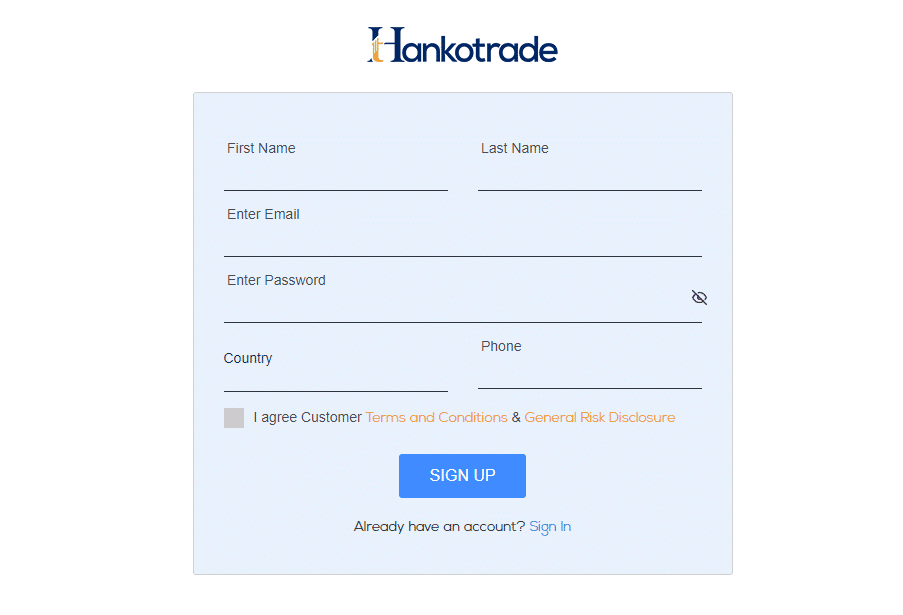 hankotrade sign up form