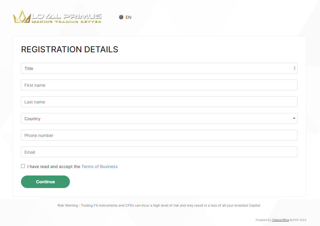 Loyal Primus Register Form