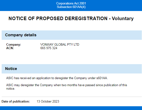 Vonway Regulation Certificate