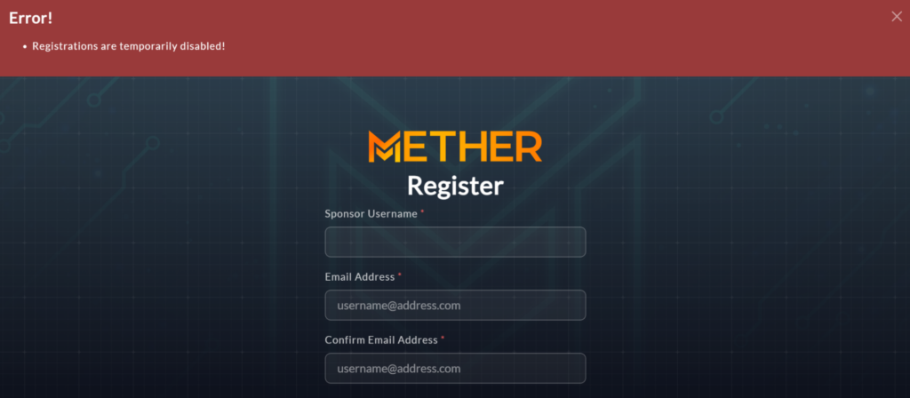 Metherworld-Registrations are temporarily disabled