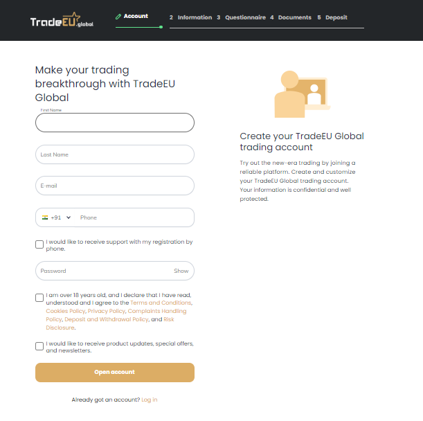 Página de inscripción de TradeEU Global